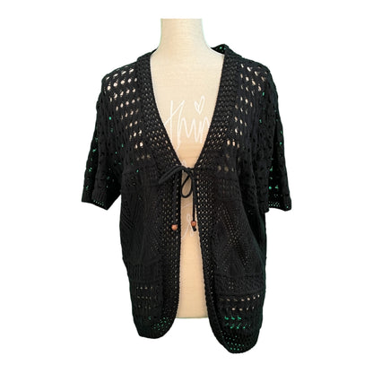 Vintage Impulse London Strickjacke XL , passt ca bis Gr. 48 Schwarz mit Lockstrickmuster, vorne Band zum binden mit Holzperlen