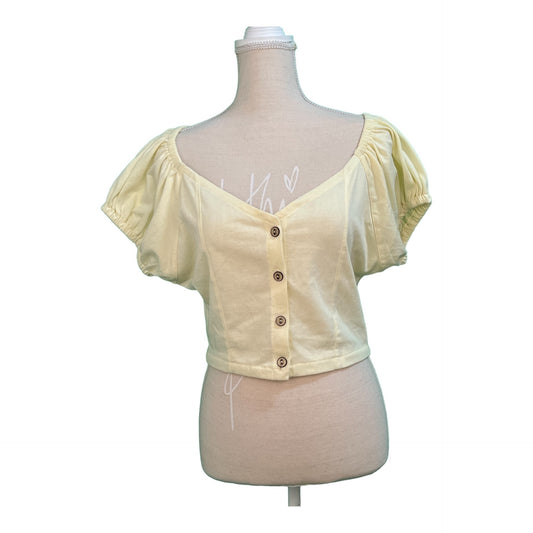 Vintage Taktic Blusenshirt L, ca 38-40 Vanillegelb / Pastellgelb mit tollen transparenten Knöpfen 