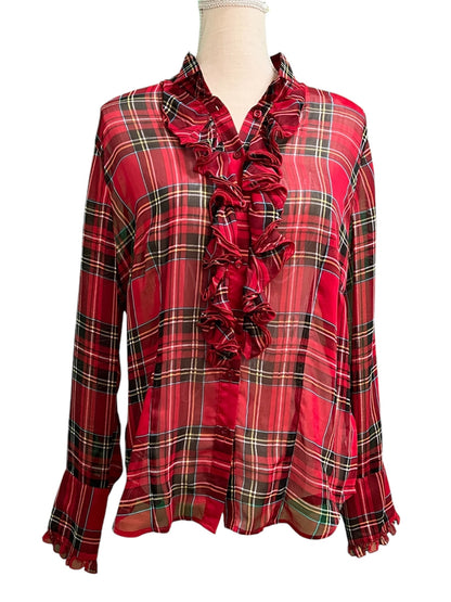 Vintage S. Milton Bluse 40 ( I44) Rot kariert transparent mit Rüschen