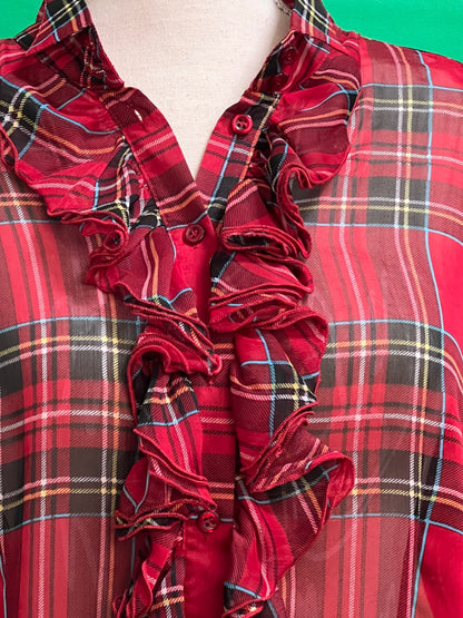 Vintage S. Milton Bluse 40 ( I44) Rot kariert transparent mit Rüschen
