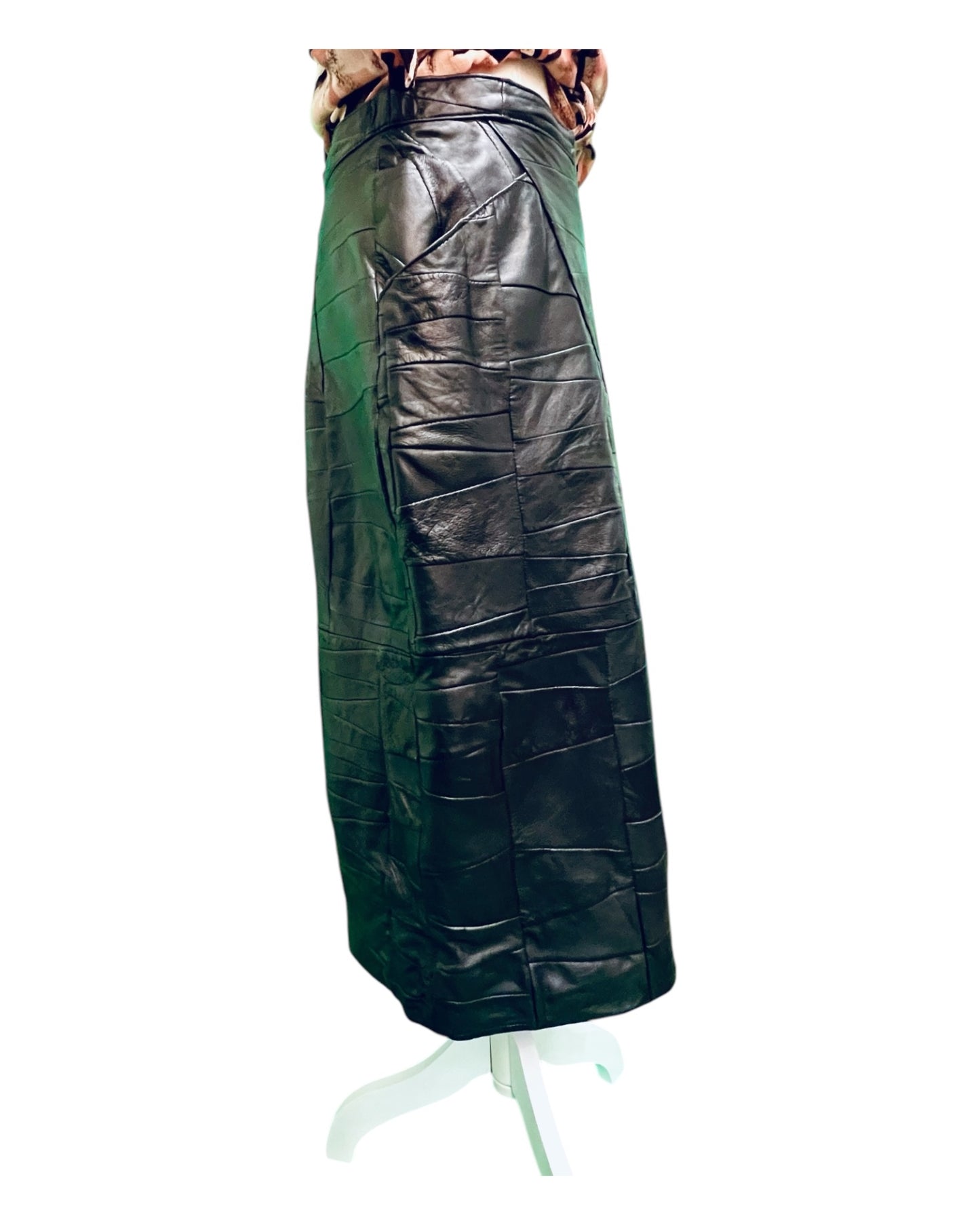 Vintage Marco Vellieri Leder Rock 38 Midi Patchwork Schwarz