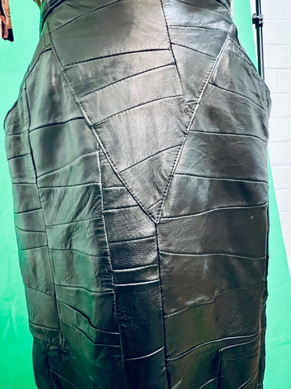 Vintage Marco Vellieri Leder Rock 38 Midi Patchwork Schwarz