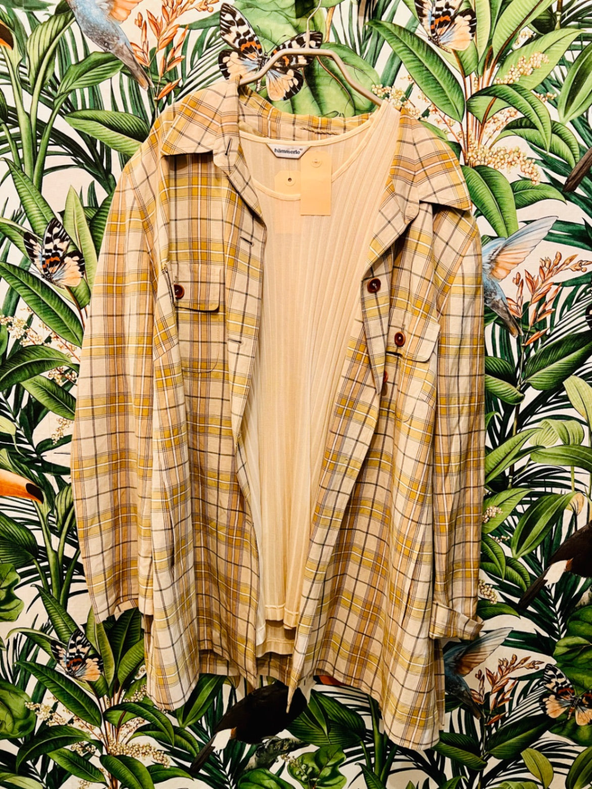 Vintage Jobis Hemd 48 Beige kariert oversize Leinen Viskose