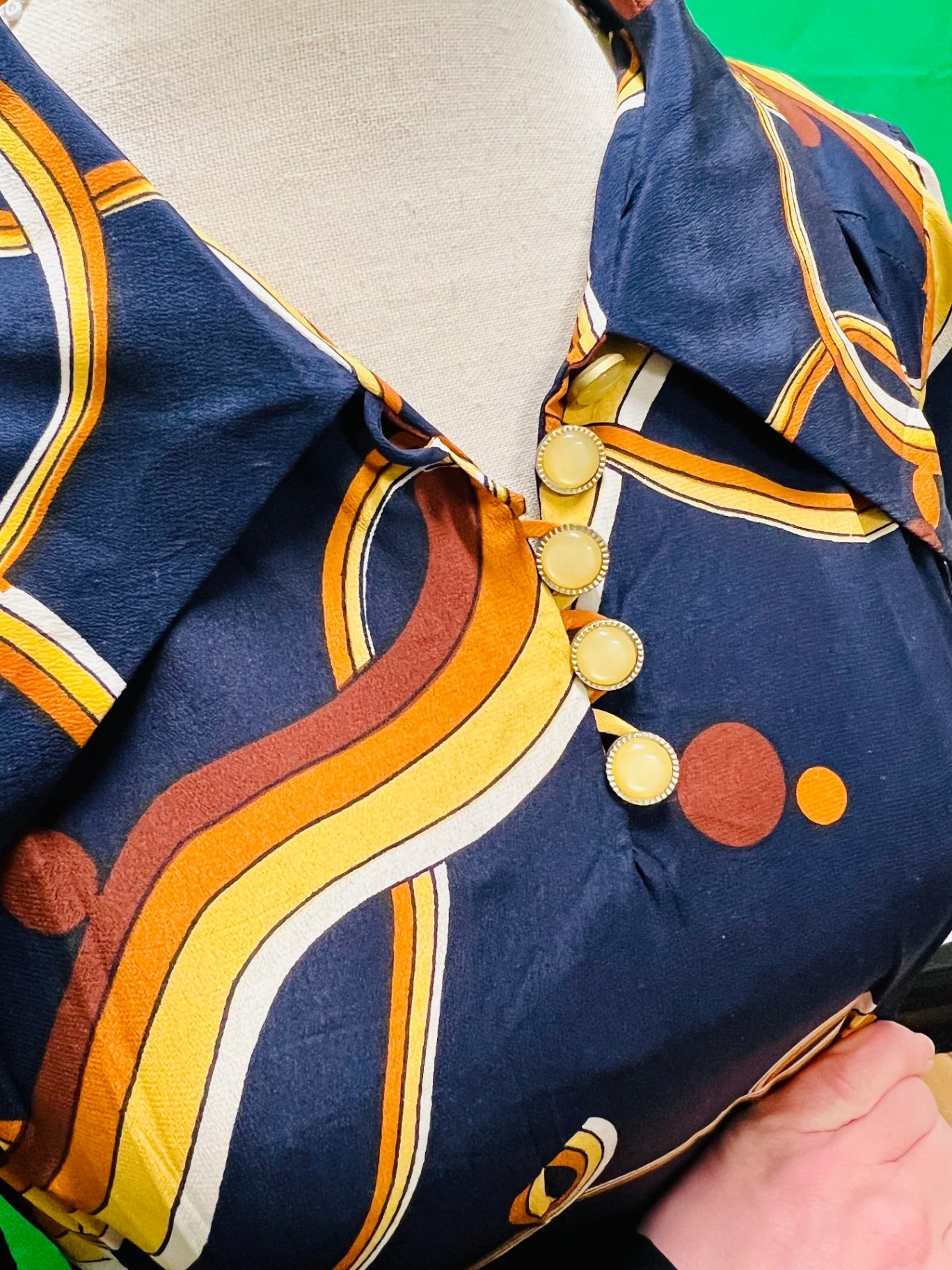 Handmade True Vintage 70s 70er Kleid 38 Blau mit Muster orange gelb