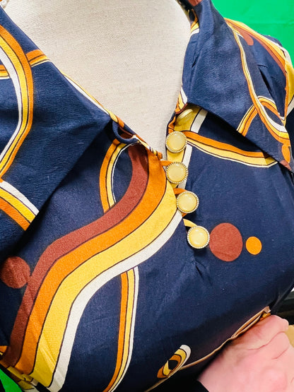 Handmade True Vintage 70s 70er Kleid 38 Blau mit Muster orange gelb