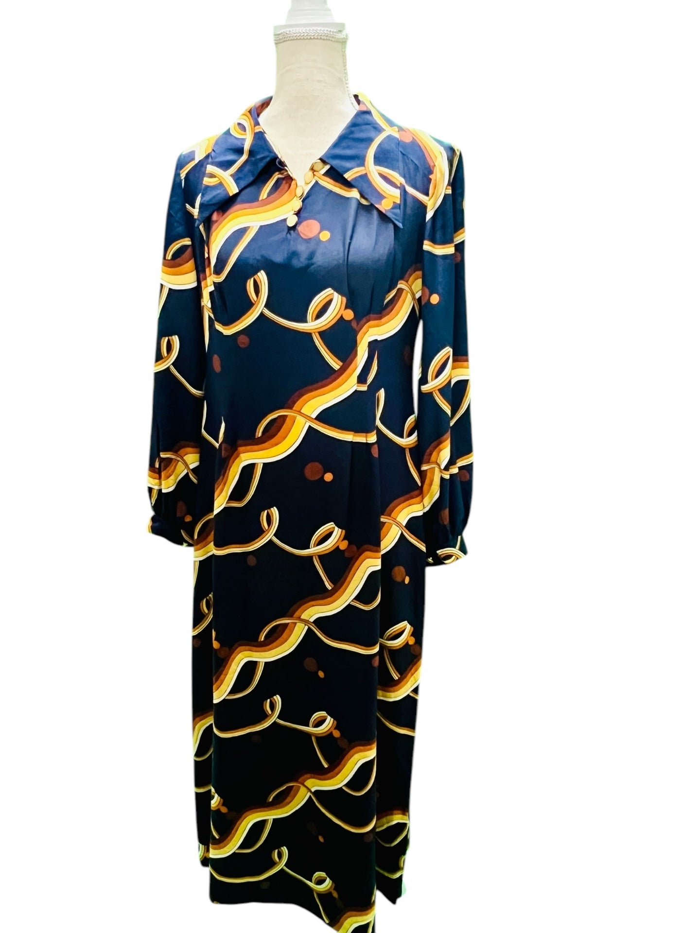 Handmade True Vintage 70s 70er Kleid 38 Blau mit Muster orange gelb