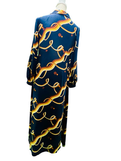 Handmade True Vintage 70s 70er Kleid 38 Blau mit Muster orange gelb