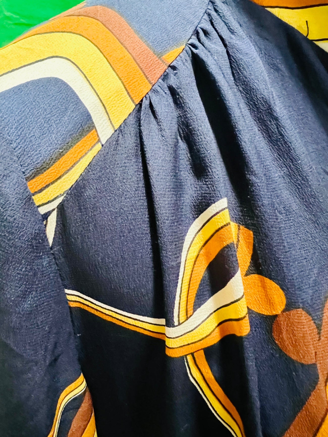 Handmade True Vintage 70s 70er Kleid 38 Blau mit Muster orange gelb