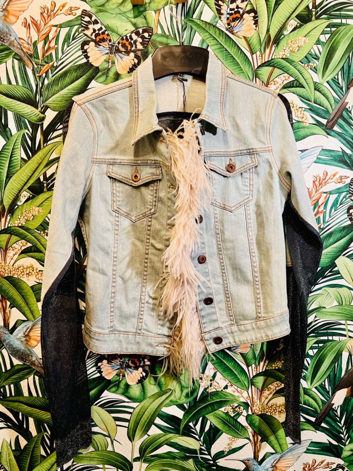 Designer AVIU Jeansjacke S Hellblau + Schwarz m. Echtfedern