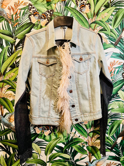 Designer AVIU Jeansjacke S Hellblau + Schwarz m. Echtfedern