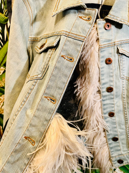 Designer AVIU Jeansjacke S Hellblau + Schwarz m. Echtfedern