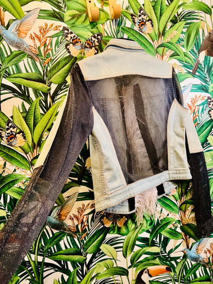 Designer AVIU Jeansjacke S Hellblau + Schwarz m. Echtfedern
