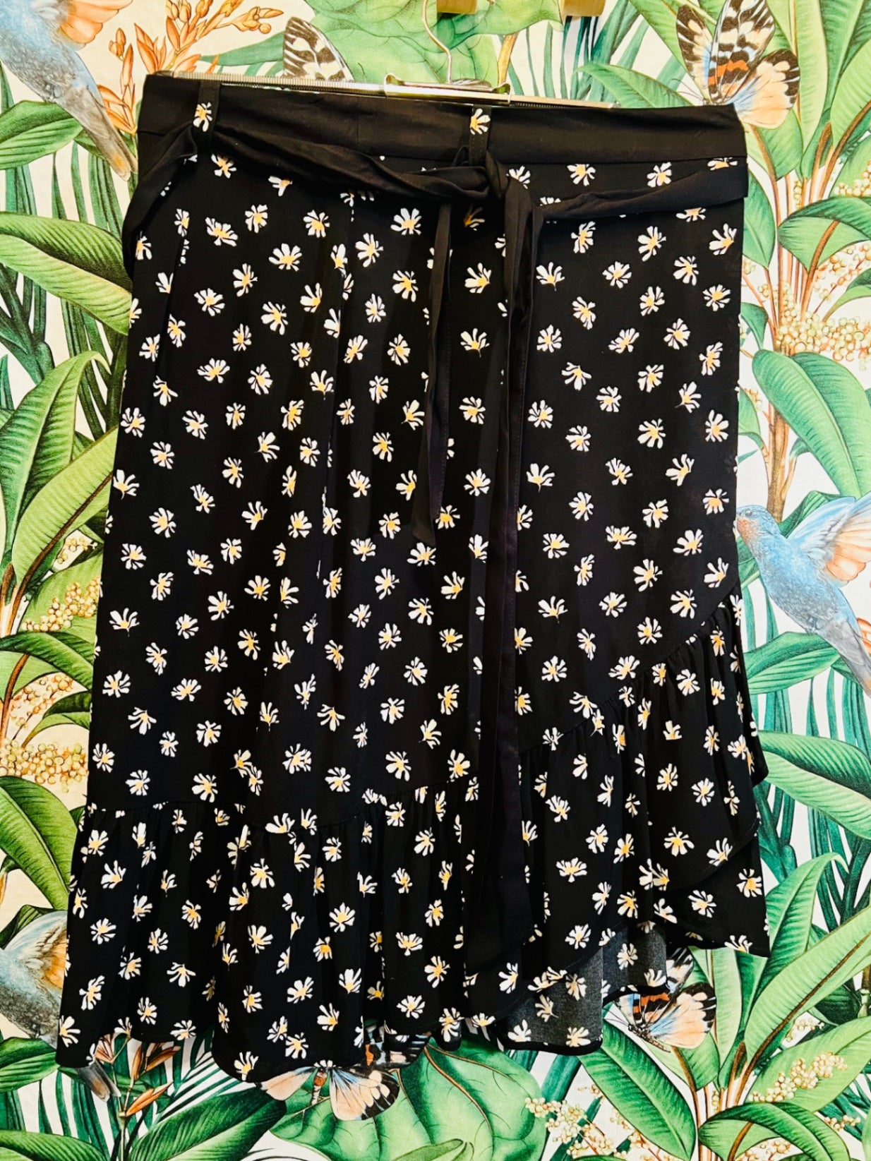 Oui Midi Rock S / M Schwarz mit Blumenmuster
