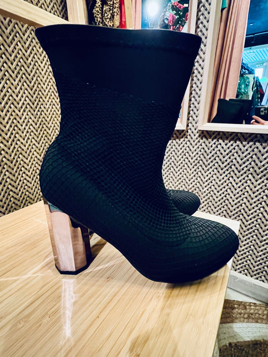 Indigo Stiefellette schwarz Netz Silberabsatz Neu