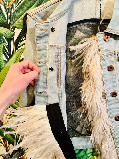 Designer AVIU Jeansjacke S Hellblau + Schwarz m. Echtfedern