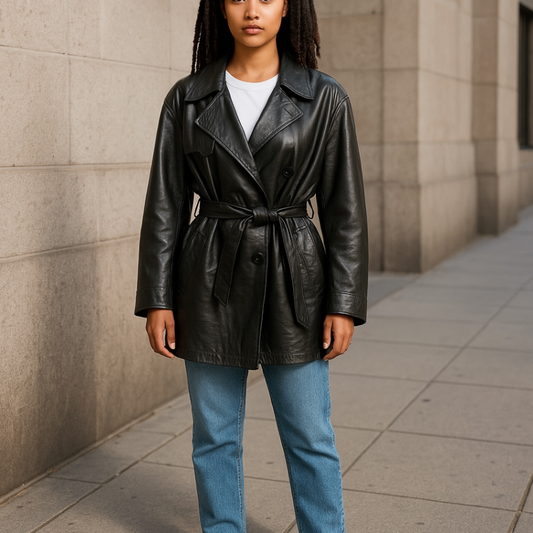 Vintage Carherine Khan Ledermantel 42 BlauSchwarz Trenchcoat