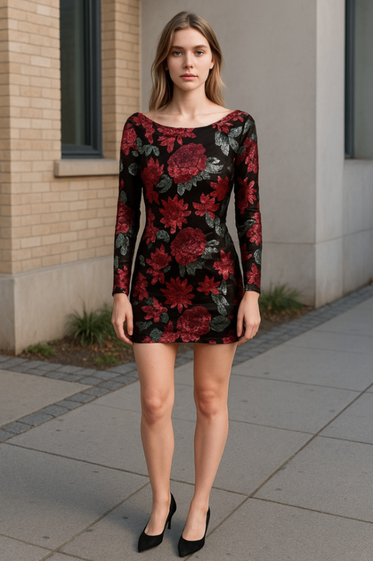 Vintage Kleid XS 34 Schwarz, Rot, Grün Pailletten 