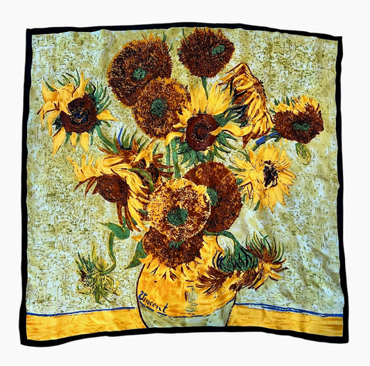 Vintage Seidentuch Sonnenblumen Van Gogh Motiv Kunst 50x50 gelb blau Seide 90s