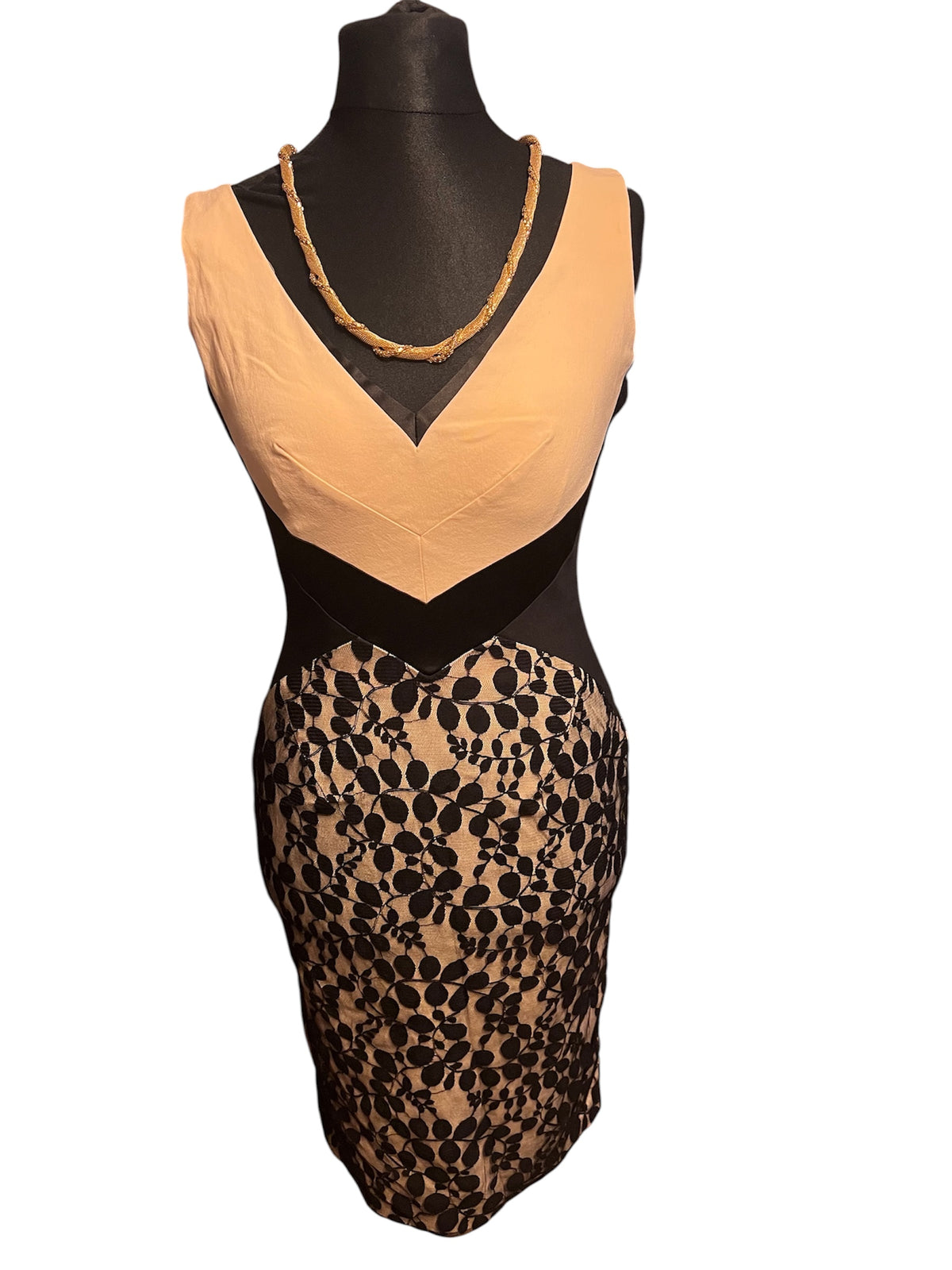 Hybrid Spitzenkleid Beige Schwarz Colourblocking Gr. 38 40 M Etuikleid Cocktailkleid Polen Gr 12