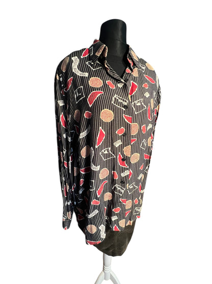 Vintage 80s/90s Oversize Bluse Rio Gr. 48 | Schwarz Grau Rot | Viskose | Statement Pattern