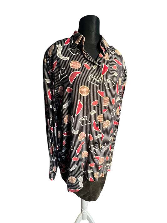 Vintage 80s/90s Oversize Bluse Rio Gr. 48 | Schwarz Grau Rot | Viskose | Statement Pattern