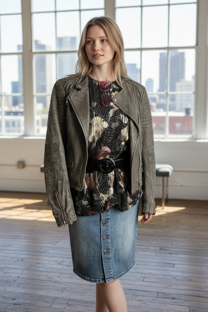 Goosecraft Biker Lederjacke Gr. L (fällt wie 38) – Grau – YKK Zipper – Slim Fit – Patina Look