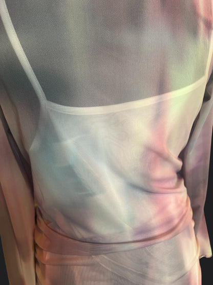 Y2K Mesh Maxikleid Pastell transparent langarm drapiert Stretch Festival Fairy Gr. M L 40 42