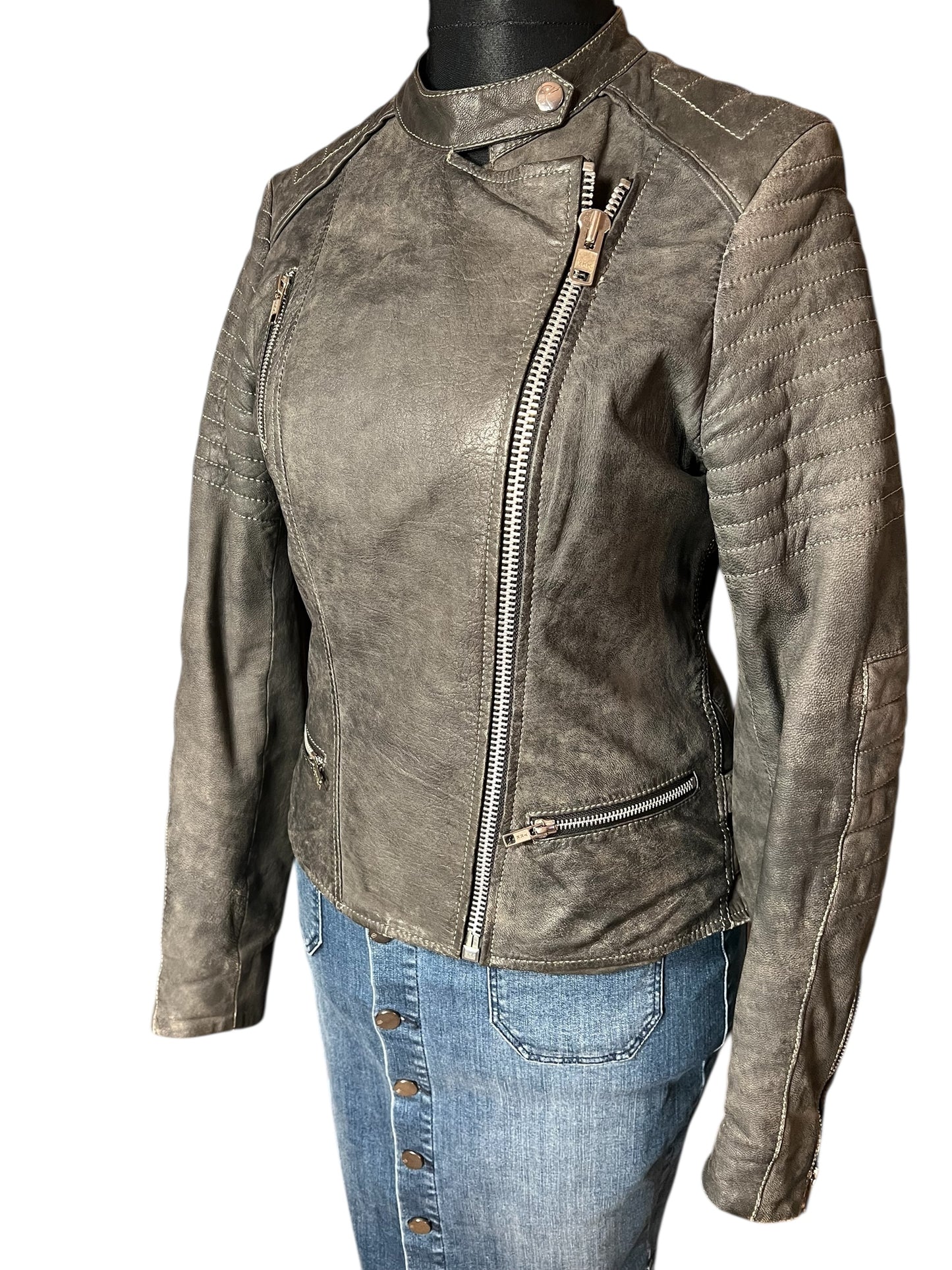 Goosecraft Biker Lederjacke Gr. L (fällt wie 38) – Grau – YKK Zipper – Slim Fit – Patina Look