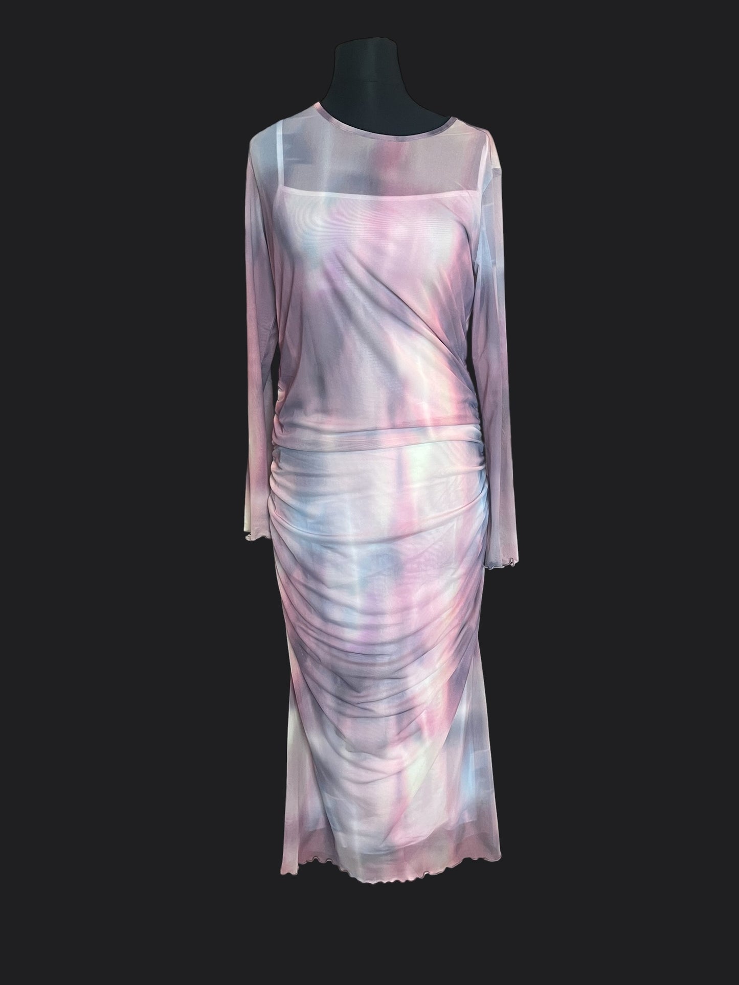 Y2K Mesh Maxikleid Pastell transparent langarm drapiert Stretch Festival Fairy Gr. M L 40 42