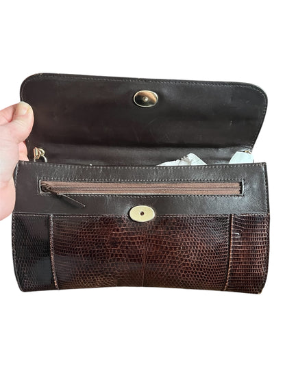Vintage 80s J. Perez Clutch | Braun Schlangenleder mit gold Kutsche Emblem | Elegante Statement Bag