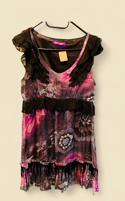 Y2K Vintage Kleid Best Time Gr. 36 | Kurz & luftig | Volants Schwarz Lila Beere S