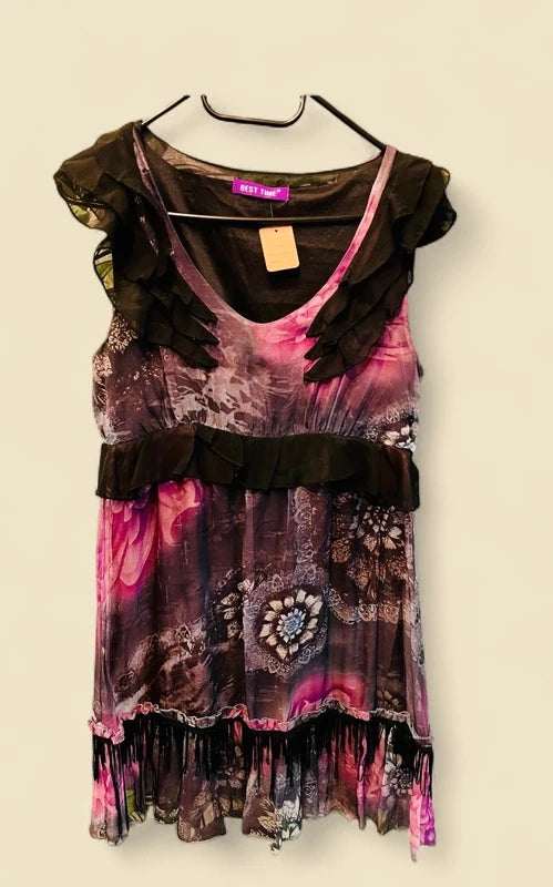 Y2K Vintage Kleid Best Time Gr. 36 | Kurz & luftig | Volants Schwarz Lila Beere S