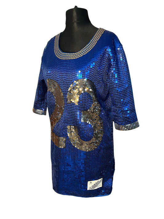 Vintage adidas x Jeremy Scott Paillettenkleid Jersey Dress Blau Gold Gr. M Festival Y2K Rare