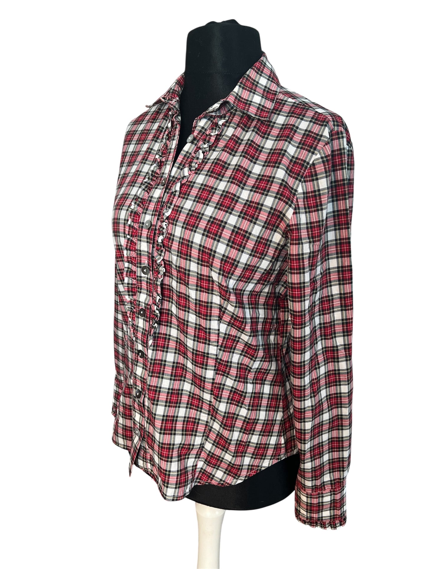 Vintage Bluse B.M. Company Gr. 38 – Dark Academic / Preppy Kariert Rot-Schwarz-Weiß Rüschen