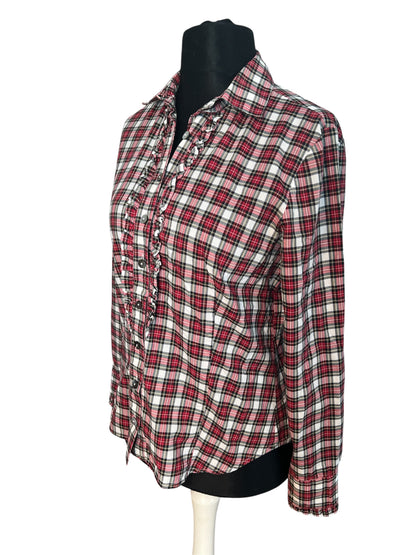Vintage Bluse B.M. Company Gr. 38 – Dark Academic / Preppy Kariert Rot-Schwarz-Weiß Rüschen