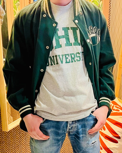 Vintage Ohio University T-Shirt Grau Grün | Gildan Heavy Cotton | Oversized L 42 44 | Y2K College Shirt Unisex