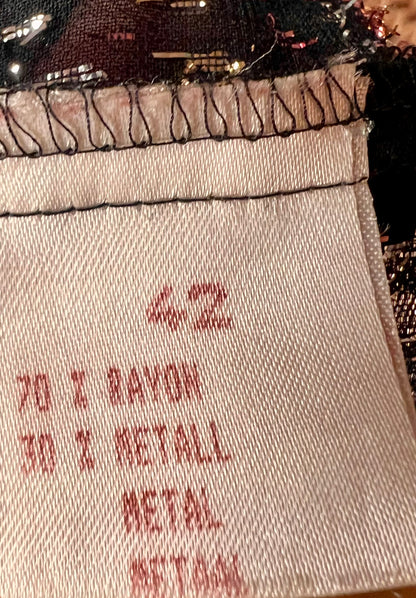 Vintage Glanzbluse Gr. 42 – West Germany – Metallic Blumen – 80s Glam Chic – Schwarz Gold Rosé
