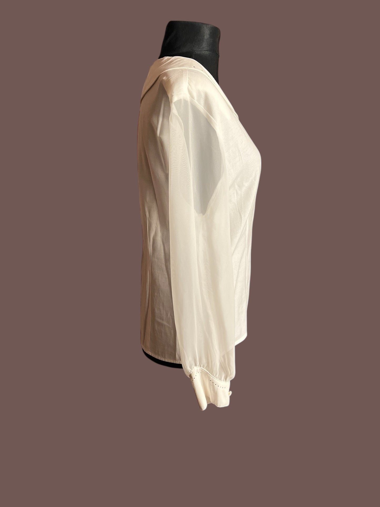 Vintage Bluse Ivory Weiß | Transparent Ärmel | Statement Kragen | Zierdetails | 80s / 90s Chic | Gr. 40