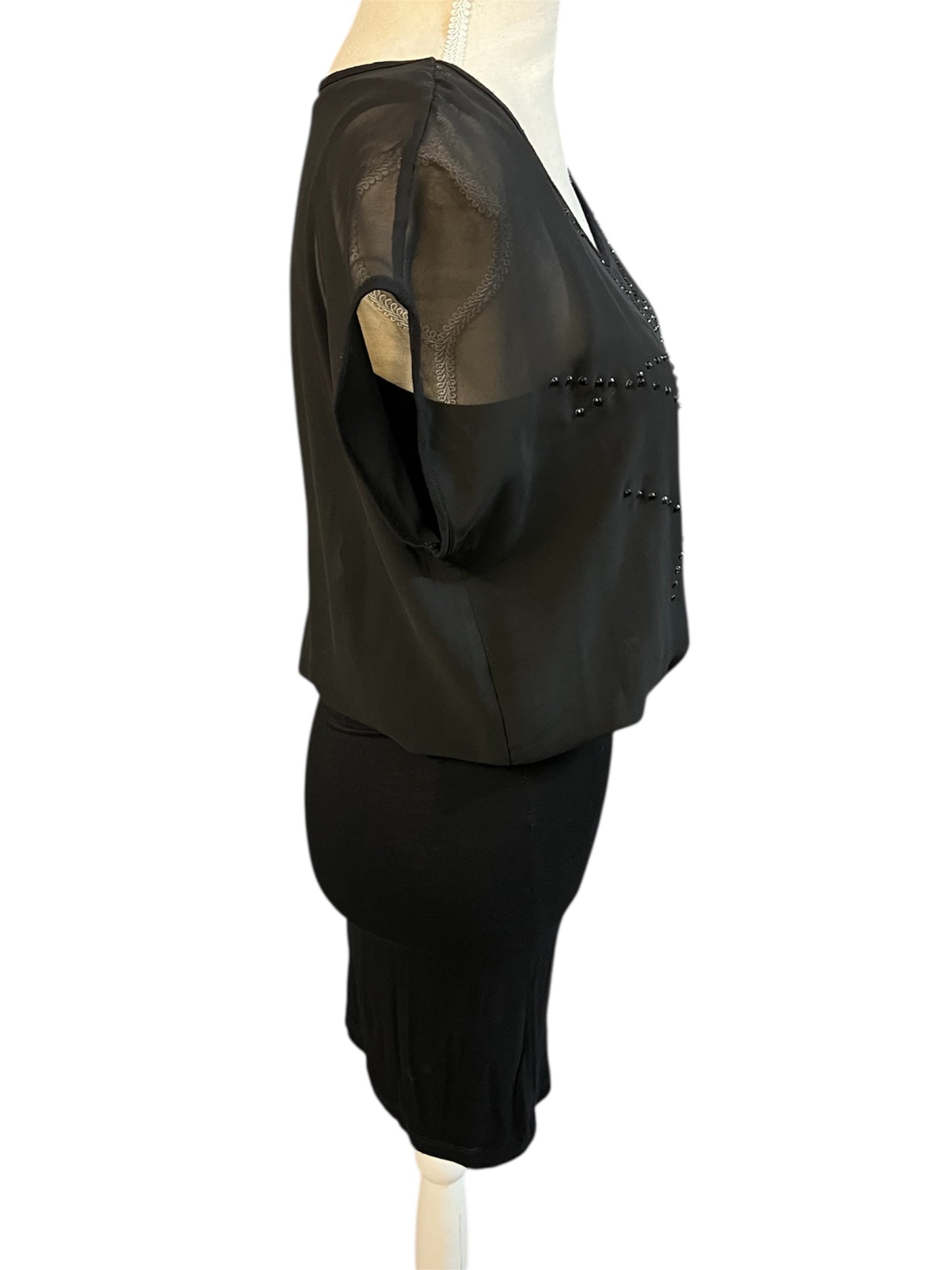 Kleid Buffalo | schwarz mit Glitzersteinen | transparentes Oberteil | Gr. 34–36 | vielseitig tragbar