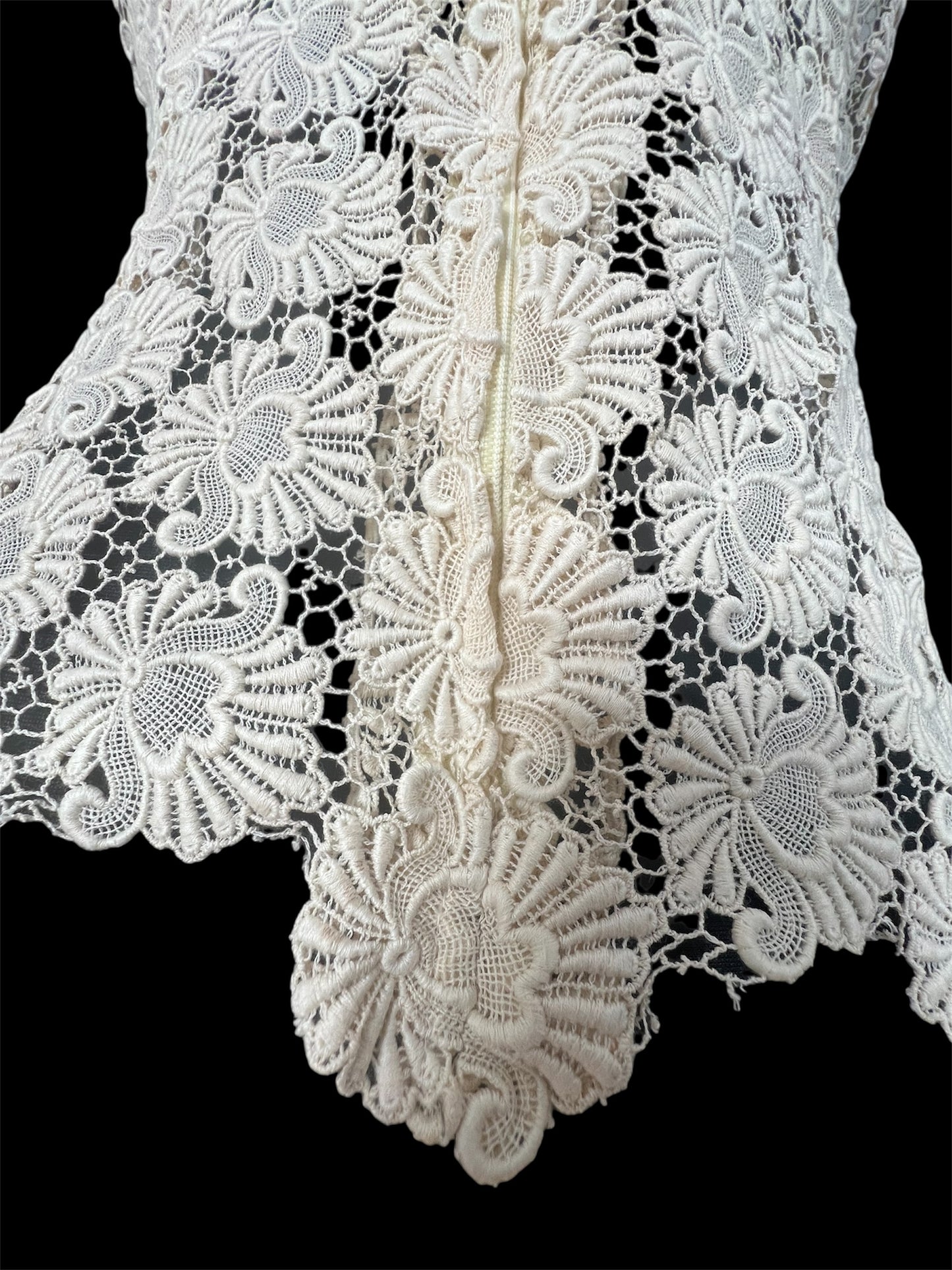 Vintage Spitzen-Top 38 M Ivory 80s Handmade Unikat mit Schulterpolstern Bluse