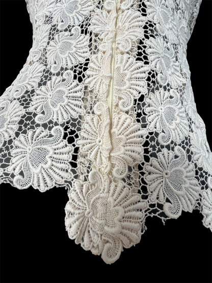 Vintage Spitzen-Top 38 M Ivory 80s Handmade Unikat mit Schulterpolstern Bluse