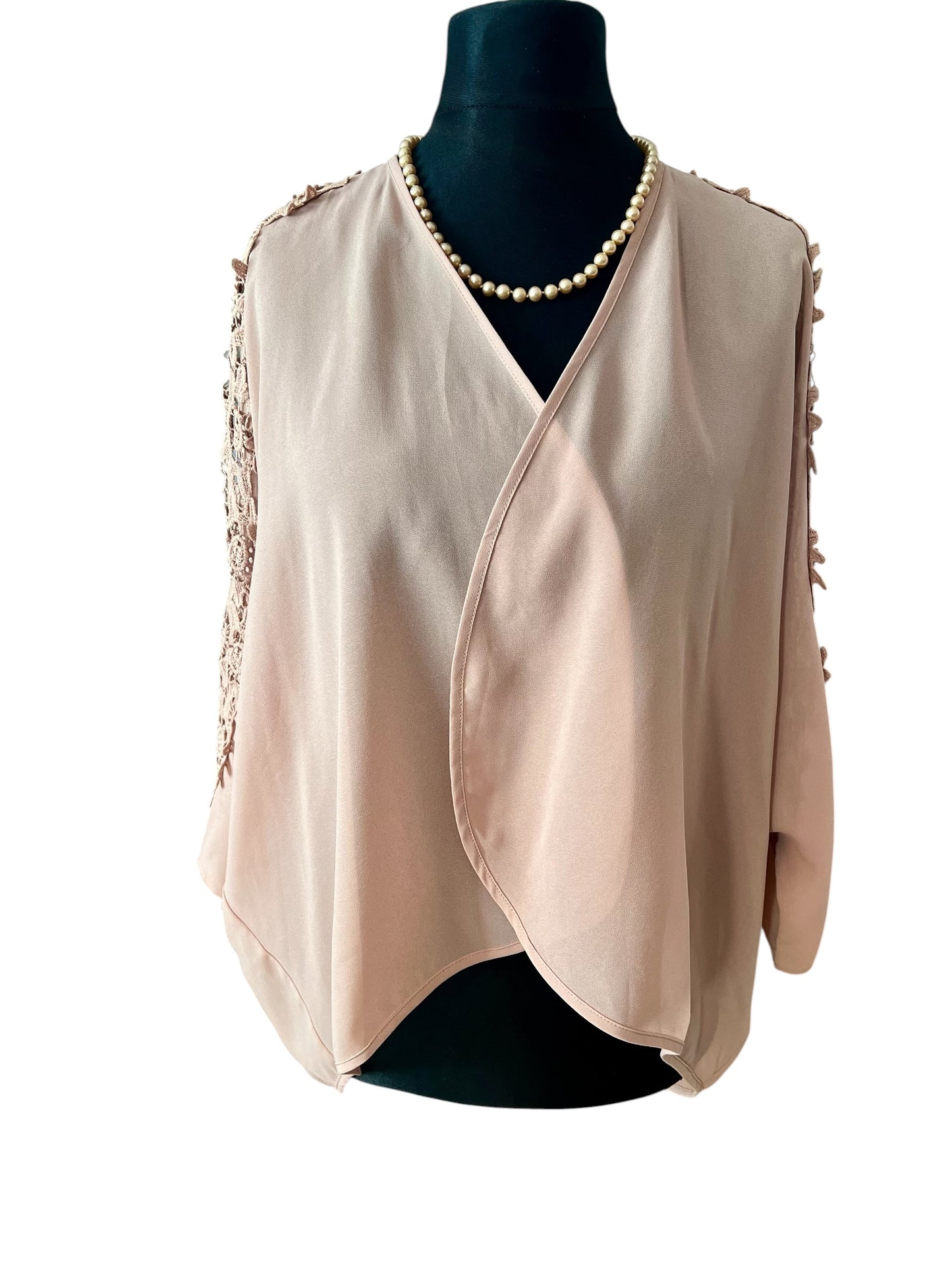 My Hollys Cardigan 36 38 Nude Beige Rosa Spitze Transparent Langarm S M Lace Open Front Sommer Layering Festlich
