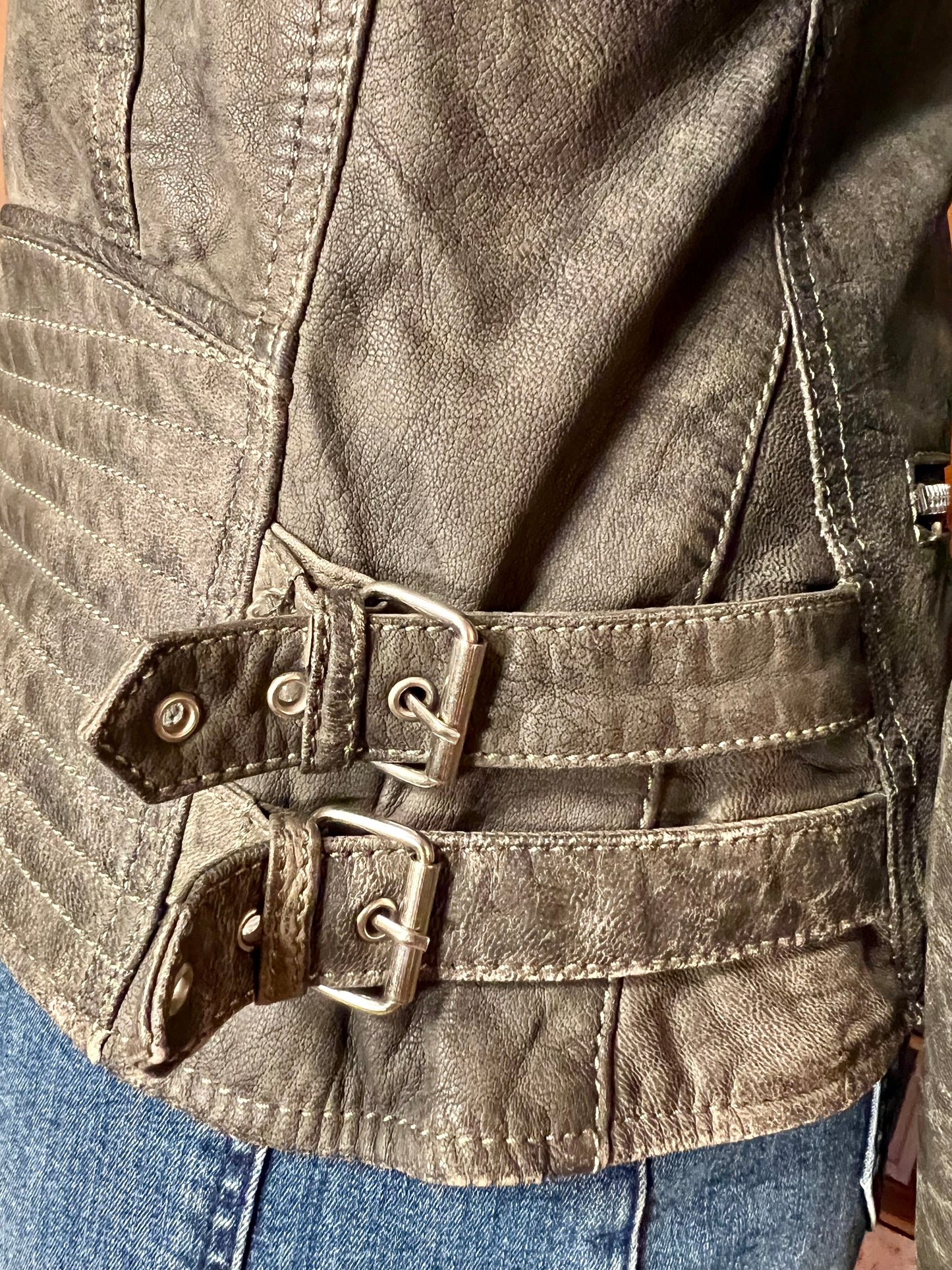 Goosecraft Biker Lederjacke Gr. L (fällt wie 38) – Grau – YKK Zipper – Slim Fit – Patina Look