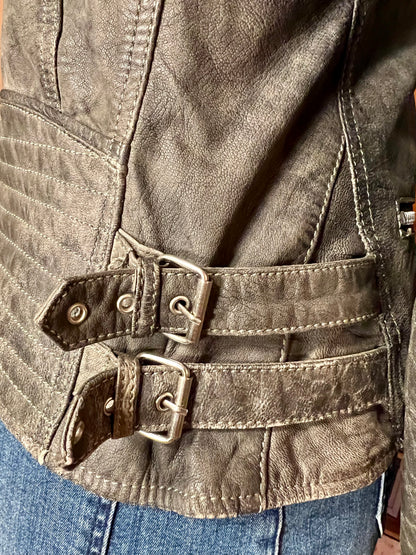 Goosecraft Biker Lederjacke Gr. L (fällt wie 38) – Grau – YKK Zipper – Slim Fit – Patina Look