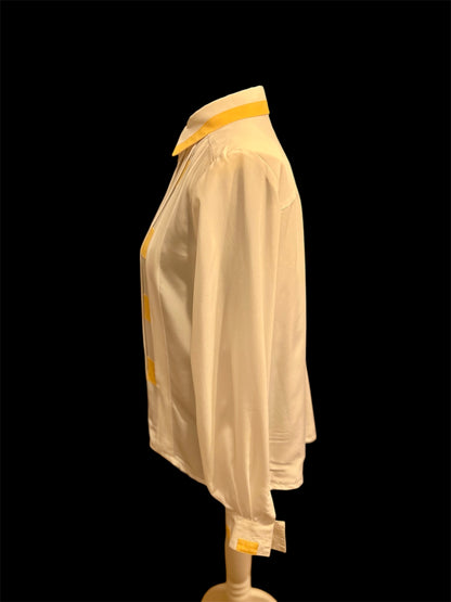 Vintage Alexander Bluse Gr. 42 | Weiß mit Gelben Details & Goldknöpfen | 80s Retro Statement Piece