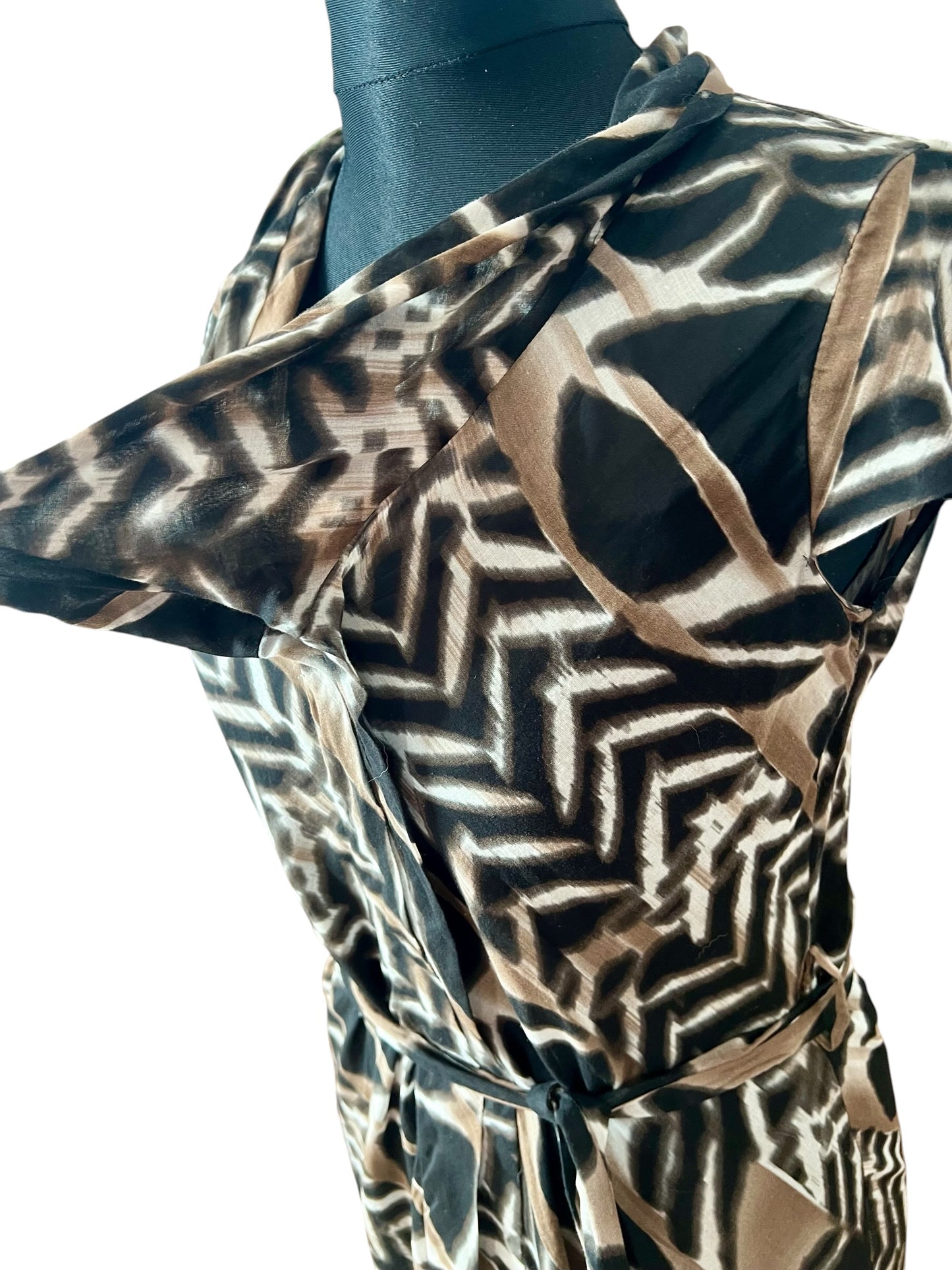 Hugo Boss Kleid Schwarz Braun Gemustert Gr M 38 40 Sommerkleid Bindegürtel Schalkragen Midi Elegant
