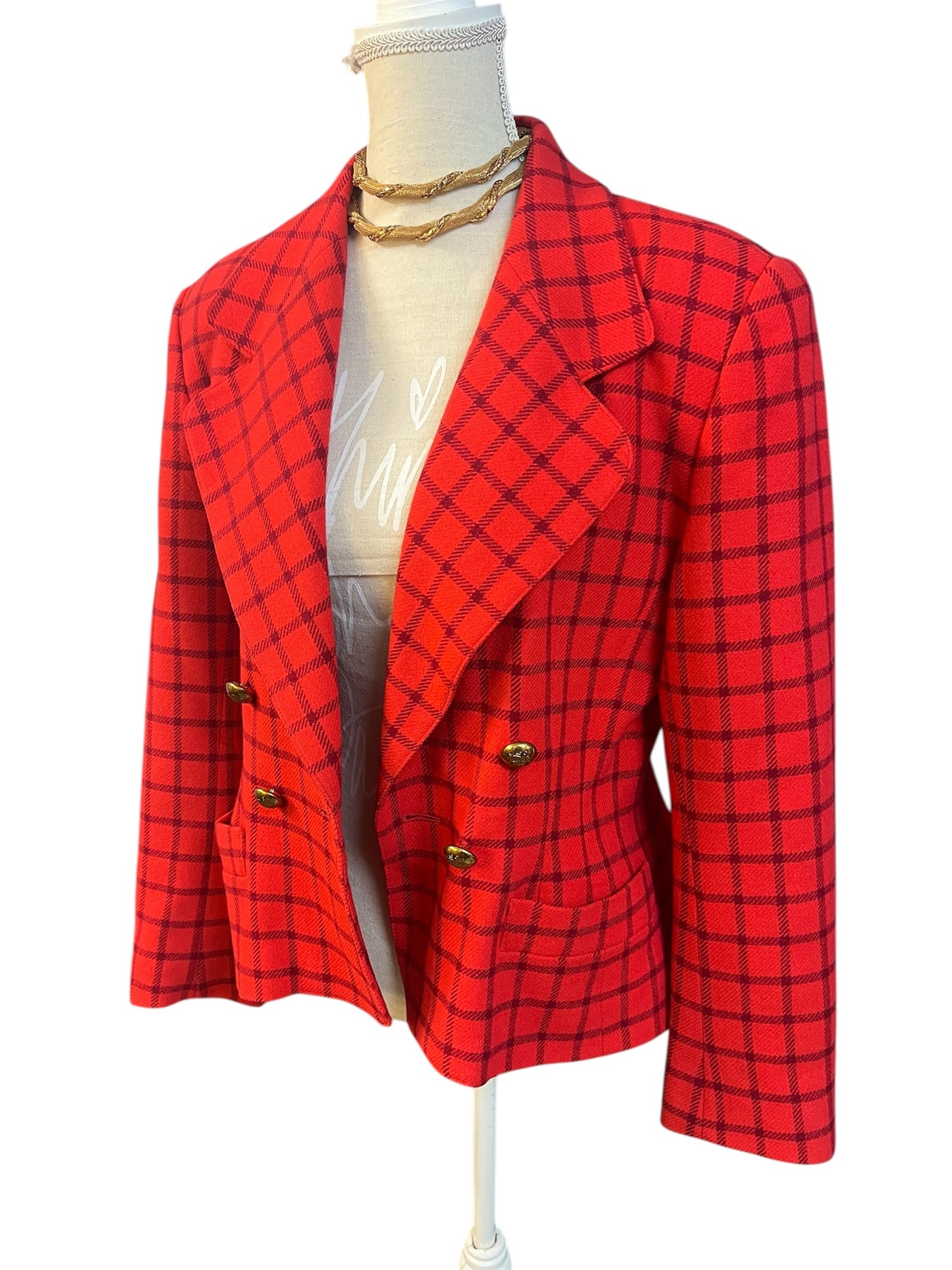 Vintage Guy Laroche Blazer – Rot kariert, Gold-Knöpfe, Gr. 38/40, Wool Statement Piece