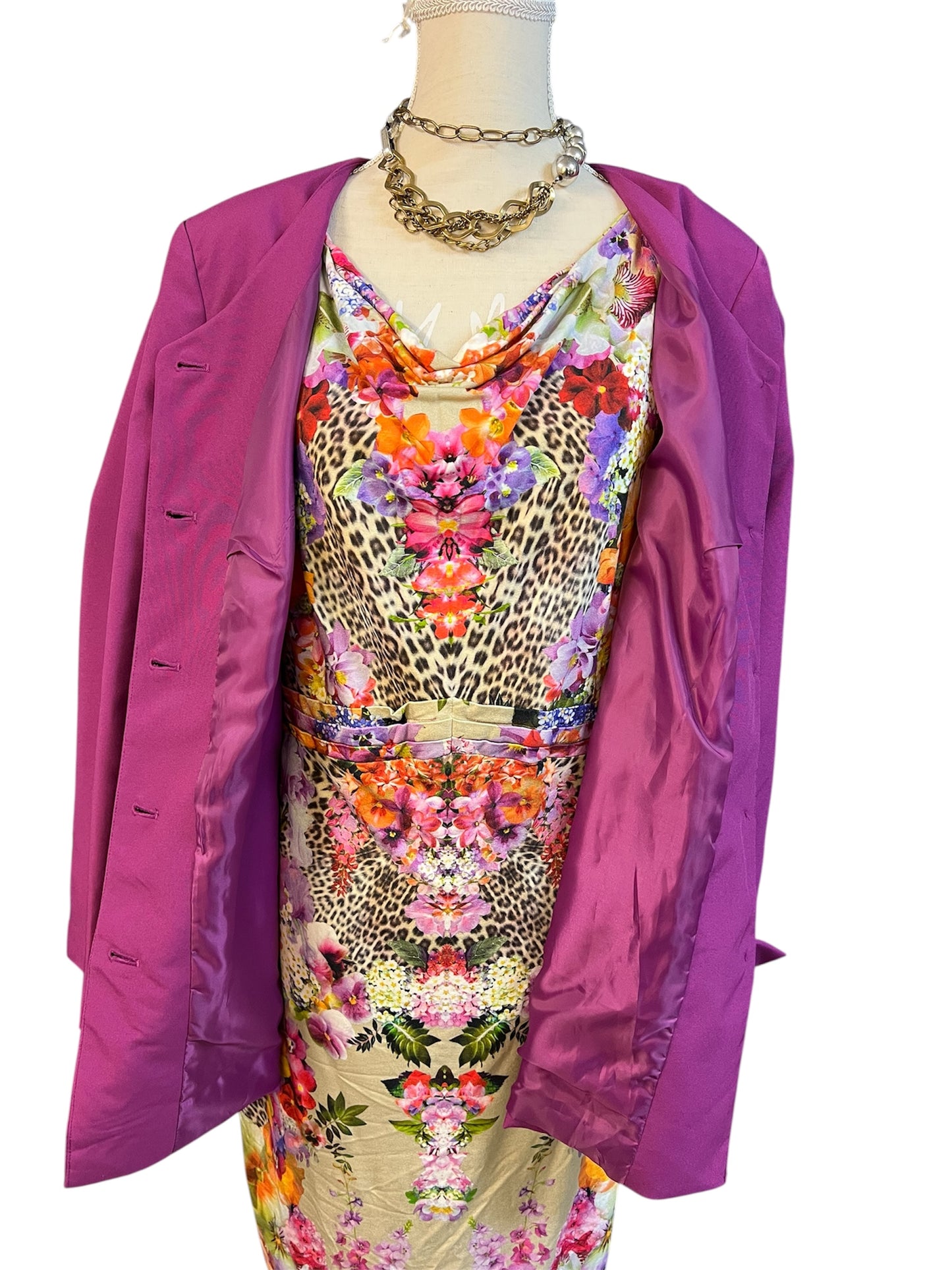 Vintage Apanage Jersey Kleid Gr 44 46 – Beige bunt Blumen & Leo Print | Waterfall Ausschnitt | Y2K