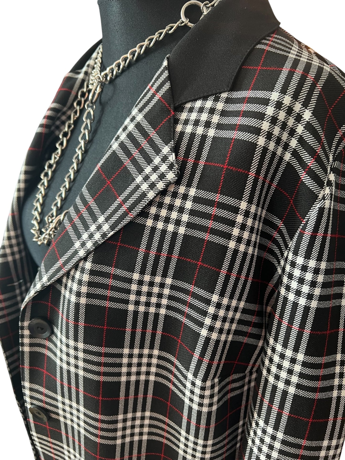Vintage Longblazer Kariert Schwarz Weiß Rot Gr 44 XL Oversized Schottenkaro Boyfriend Blazer Leicht Knöpfe