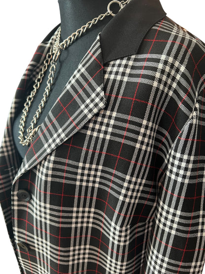 Vintage Longblazer Kariert Schwarz Weiß Rot Gr 44 XL Oversized Schottenkaro Boyfriend Blazer Leicht Knöpfe